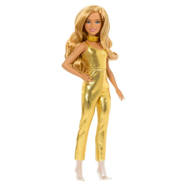Mattel Barbie Fashionistas Doll #222, Petite With Blonde Wavy Hair, Golden Jumpsuit, 65th Anniversary