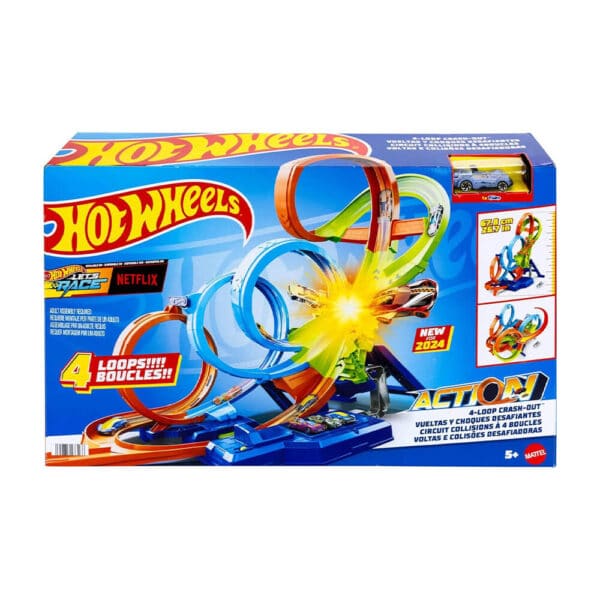 Mattel Hot Wheels 4-Loop Crash Out Track Set With Motorized Booster & 1:64 Scale Toy Car - Image 2
