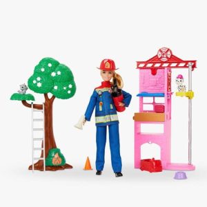 Mattel Barbie Firefighter Playset With Blonde Fashion Doll, Fire Station, 2 Pets & 10+ Accessories