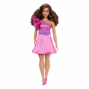 Mattel Barbie Fashionistas Doll #225, Curvy With Brown Hair, Pink Sparkly Dress, 65th Anniversary