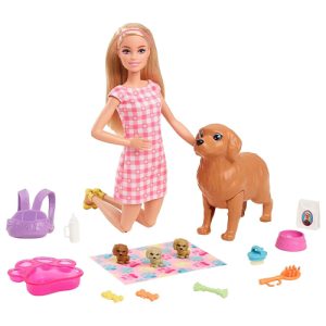 Mattel Barbie Doll Newborn Pups Playset With Blonde Doll, Mommy Dog And 3 Puppies, Kids Toys