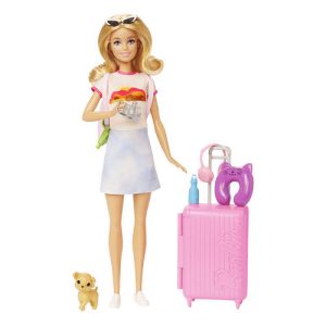 Mattel Barbie Doll And Accessories, Malibu Travel Set With Puppy And 10+ Pieces Including Working Suitcase