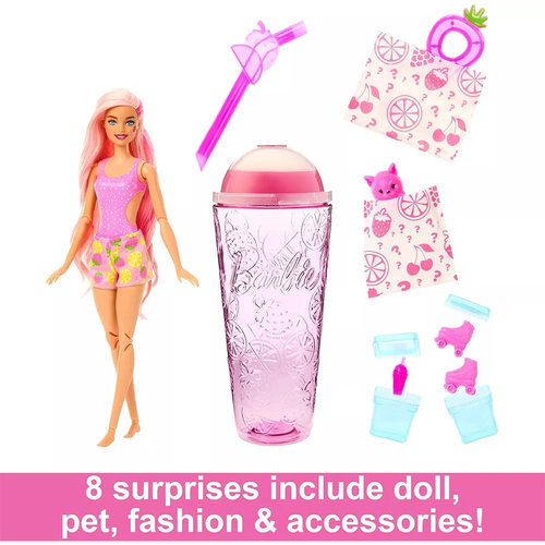 Mattel Barbie Pop Reveal Fruit Series Strawberry Lemonade Doll, 8 Surprises Include Pet, Slime, Scent & Color Change - Image 3