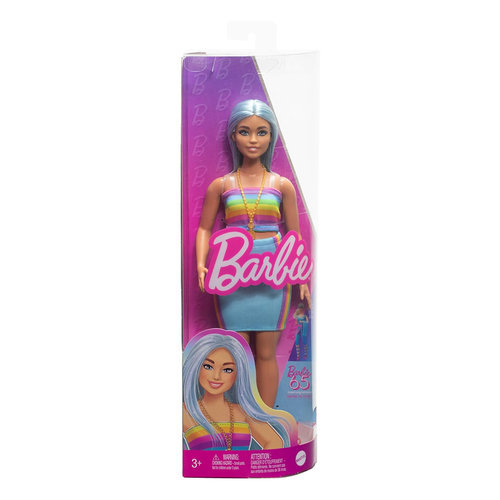 Mattel Barbie Fashionistas Doll #218 With Blue Hair, Rainbow Top & Teal Skirt, 65th Anniversary - Image 2