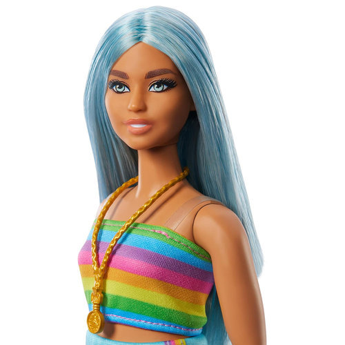 Mattel Barbie Fashionistas Doll #218 With Blue Hair, Rainbow Top & Teal Skirt, 65th Anniversary - Image 3