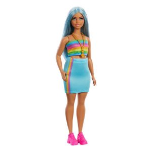 Mattel Barbie Fashionistas Doll #218 With Blue Hair, Rainbow Top & Teal Skirt, 65th Anniversary