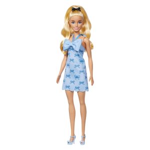 Mattel Barbie Fashionistas Doll #237 in Blue Bow Halter Dress, Blonde Ponytail With Bow Accessory