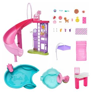 Mattel Barbie Dream Pool Playset With Slide & Bubbling Hot Tub, 20+ Accessories Including Pet, Floaties & More