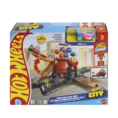 Hot Wheels Downtown Candy Shop Playset & 1:64 Scale Die-Cast Toy Car, Speed Snap Track - Image 2