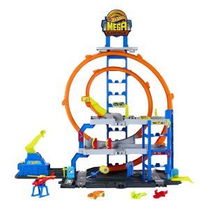 Hot Wheels MEGA Loop Garage Playset With 1 Die-Cast Toy Car & 1 Toy Helicopter in 1:64 Scale