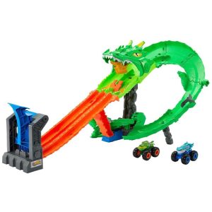 Mattel Hot Wheels Monster Trucks Sharks vs Dinos Dragon Destruction Playset & 2 Toy Trucks