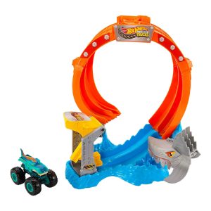 Mattel Hot Wheels Monster Trucks Corkscrew Shark Smash Track Set & 1:64 Scale MEGA-Wrex Toy Truck