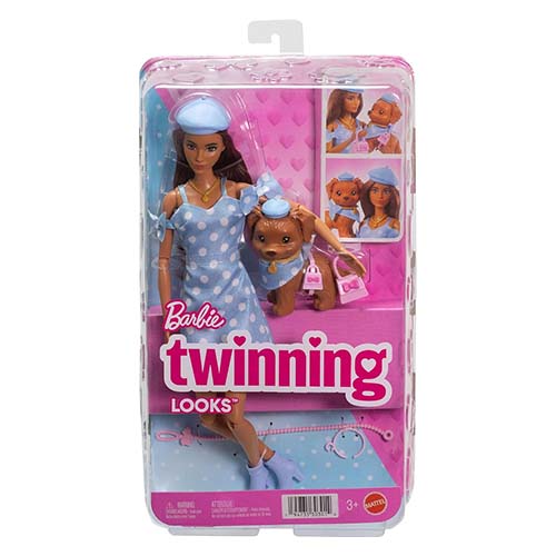 Mattel Barbie Twinning Looks Doll with Pet Dog in Matching Blue Polka Dot Clothes and Accessories for Both like Berets and Purses, Brown Hair - Image 2