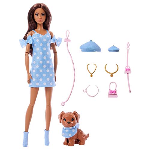 Mattel Barbie Twinning Looks Doll with Pet Dog in Matching Blue Polka Dot Clothes and Accessories for Both like Berets and Purses, Brown Hair - Image 3