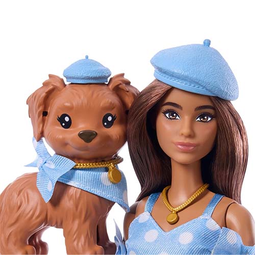 Mattel Barbie Twinning Looks Doll with Pet Dog in Matching Blue Polka Dot Clothes and Accessories for Both like Berets and Purses, Brown Hair - Image 4