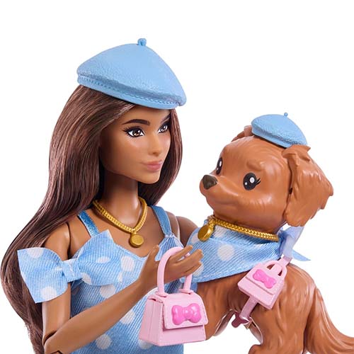 Mattel Barbie Twinning Looks Doll with Pet Dog in Matching Blue Polka Dot Clothes and Accessories for Both like Berets and Purses, Brown Hair - Image 5