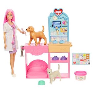 Mattel Barbie Fast Cast Veterinarian Clinic Playset with Pink Colored Hair Fashion Doll, Vet Furniture & 10+ Accessories Including Molds & Dough for Bandages
