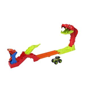 Mattel Hot Wheels Monster Trucks Snake Slam Takedown Playset With 1:64 Scale Bone Shaker Toy Vehicle