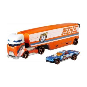 Mattel Hot Wheels Super Rigs, 1:64 Scale Toy Car And Matching Transporter, Speedway Hauler (DKF82 Group BDW51-977F)