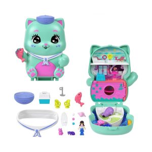 Mattel Polly Pocket Dolls and Playset, Set Sail Kitty Compact, Travel Toy with 1 Micro Doll, Pet Cats, Food & Fashion Styling Accessories