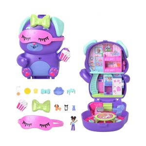 Mattel Polly Pocket Dolls and Playset, Sleepover Puppy Compact, Travel Toy with 1 Micro Doll, Pet Dogs, Food & Fashion Styling Accessories