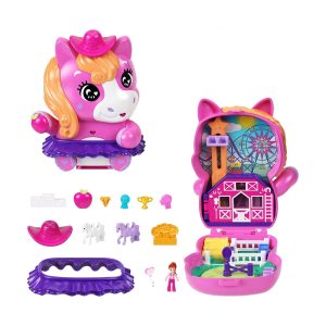 Mattel Polly Pocket Dolls and Playset, Pony Rodeo Compact, Travel Toy with 1 Micro Doll, Pet Horses, Food & Fashion Styling Accessories