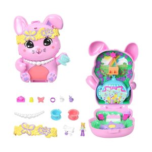 Mattel Polly Pocket tDolls and Playset, Tea Party Bunny Compact, Travel Toy with 1 Micro Doll, Pet Bunnies, Food & Fashion Styling Accessories