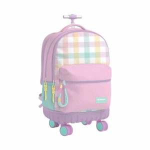 PAUSE 3-Zipper Aluminum 4-Wheel Plaid Trolley Backpack - Rose & Purple