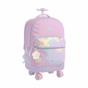 PAUSE 3-Zipper Aluminum 4-Wheel Trolley Backpack with Large Flower - Purple