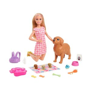 Mattel Barbie Doll Newborn Pups Playset With Blonde Doll, Mommy Dog And 3 Puppies, Kids Toys