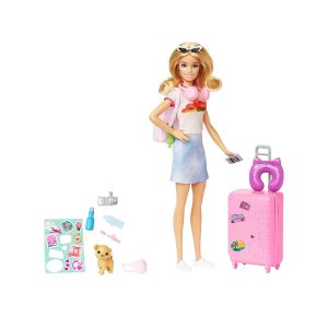 Mattel Barbie Doll And Accessories, Malibu Travel Set With Puppy And 10+ Pieces Including Working Suitcase