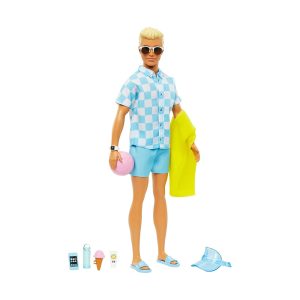 Mattel Blonde Ken Doll With Swim Trunks And Beach-Themed Accessories