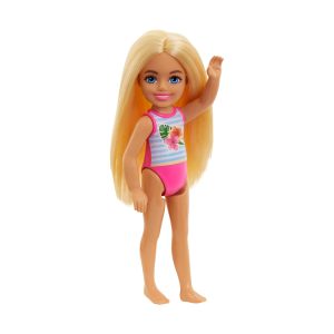 Mattel Barbie Chelsea Small Doll With Beach Swimsuit, Stripes & Floral Print, Blonde Hair & Blue Eyes