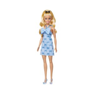 Mattel Barbie Fashionistas Doll #237 in Blue Bow Halter Dress, Blonde Ponytail With Bow Accessory