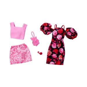 Mattel Barbie Clothes, Fashion And Accessory 2-Packs Pink Top & Skirt, Black Floral-Print Dress with Statement Puff Sleeves
