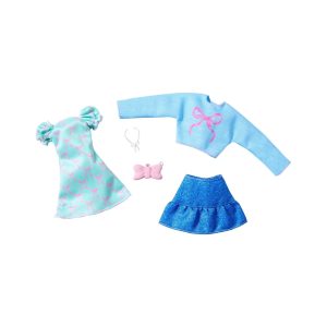 Mattel Barbie Clothes, Fashion And Accessory 2-Packs Blue Bow Sweater, Denim Skirt & Aqua Bow Dress