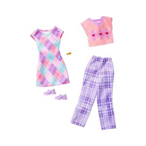 Mattel Barbie Clothes, Fashion And Accessory 2-Packs Purple & Pink Argyle Dress, Peach Vest & Patterned Plaid Pants