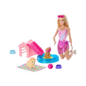Mattel Barbie Puppy Pool Party Playset With Doll, Pool, Doghouse & Slide, 2 Pet Figures & 6 Accessories