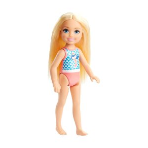 Mattel Barbie Chelsea Small Doll With Beach Swimsuit, Stripes & Mermaid Print, Blonde Hair & Blue Eyes