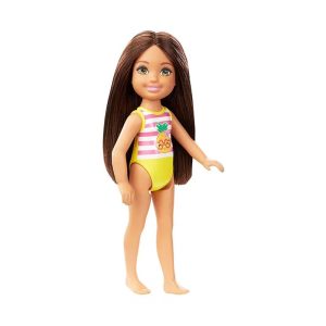 Mattel Barbie Chelsea Small Doll With Beach Swimsuit, Stripes & Pineapple Print, Brown Hair & Green Eyes