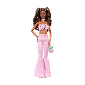 Mattel Barbie Deluxe Style Fashion Doll #12 in Pink Denim Crop Top And Flare Jeans, Brunette