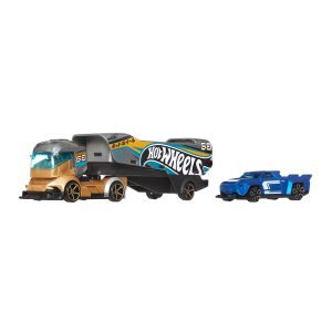 Mattel Hot Wheels Super Rigs 1:64 Scale Toy Car And Matching Transporter, 2 Vehicles Big Rig Heat (JKN80 Group BDW51-977G)